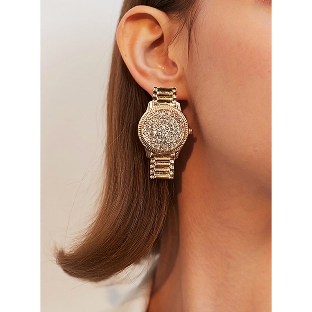 Trendy Gold Rhinestone Watch Earrings Rolex bling gift Trend Hiphop Jewelry GLAM - Picture 3 of 3
